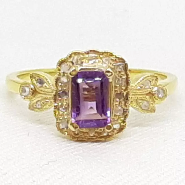 Genuine 1.25ctw Amethyst & Diamond 14K Yellow Gold 925 Silver Ring Size 7