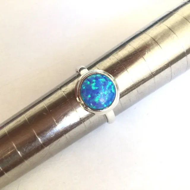 Sterling Silver Round Cabochon Blue Fire Opal Solitaire Ring gift Boxed 7 N 8 P