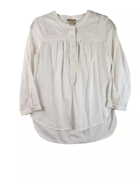 Lucky Brand Womens XS White 3/4 Sleeve Embroidered Peasant Button Up Blouse