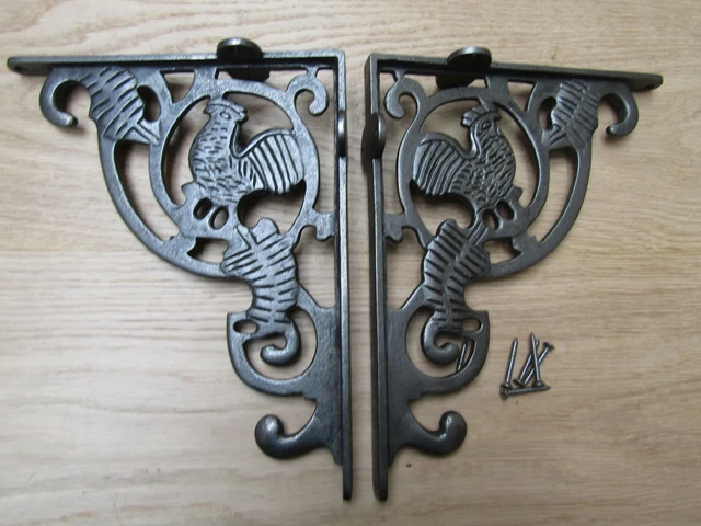 PAIR OF COCKEREL cast iron rustic shelf Bracket wall Support books storage