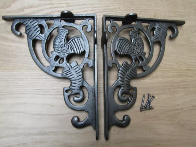 PAIR OF COCKEREL  cast iron rustic shelf Bracket wall Support books storage