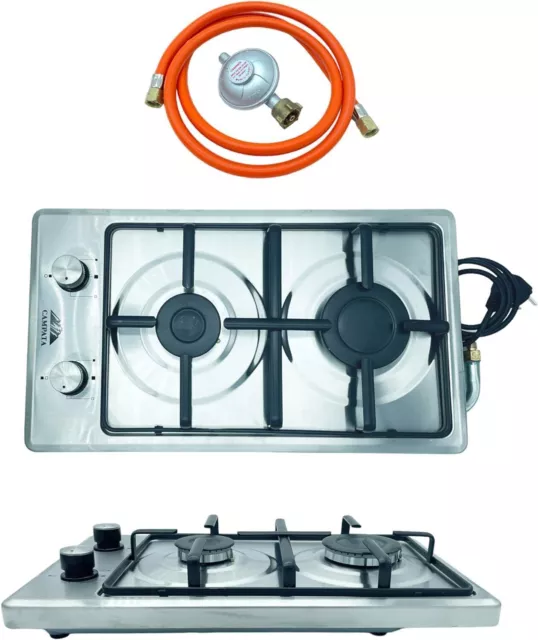 2-flammig Edelstahl Gaskocher Innenbereich & Outdoor Zündsicherung inkl GRAVUR
