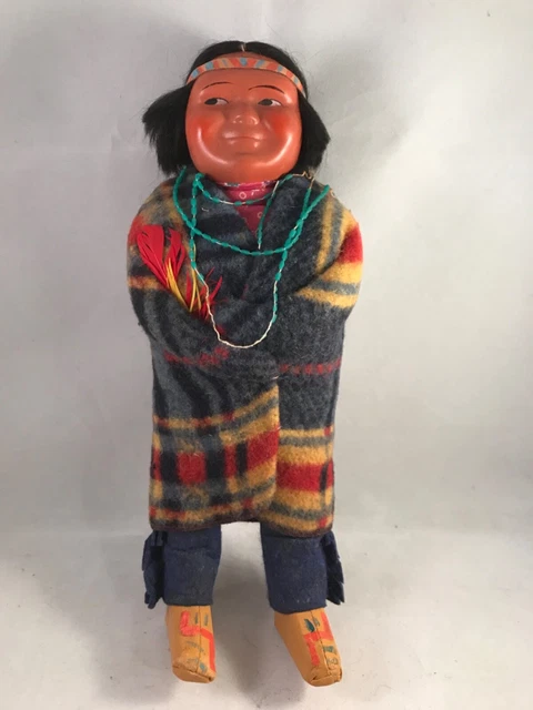 Muñeca Skookum Antigua Antigua Antigua 10"" Manta Nativa De La India Kachina Cuentas Pluma Cabello