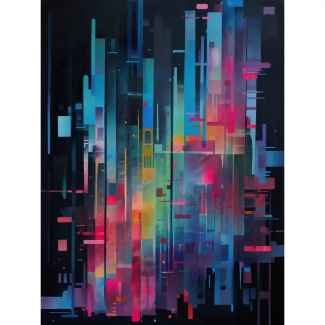 Modern Abstract Geometric Neon Cityscape Painting XL Wall Art Canvas Poster Huge