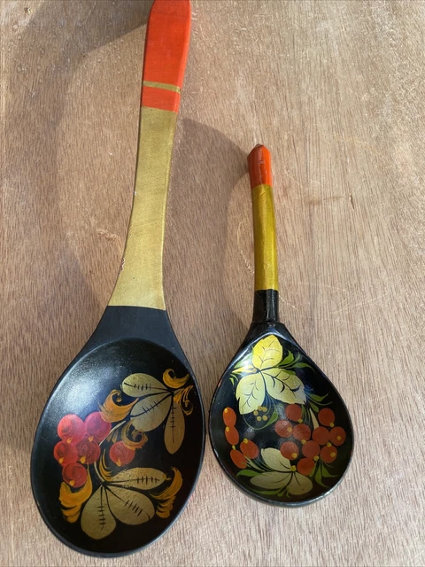 Traditional Russian Khokhloma Folk Art Style Lacquer Hand Painted Wooden Spoons
