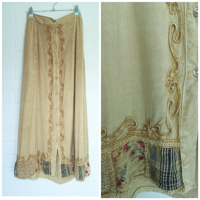 Gonna Vintage anni '80 Sabbia Viscosa Maxi Ricamata Bottone 6 8 XS Hippy