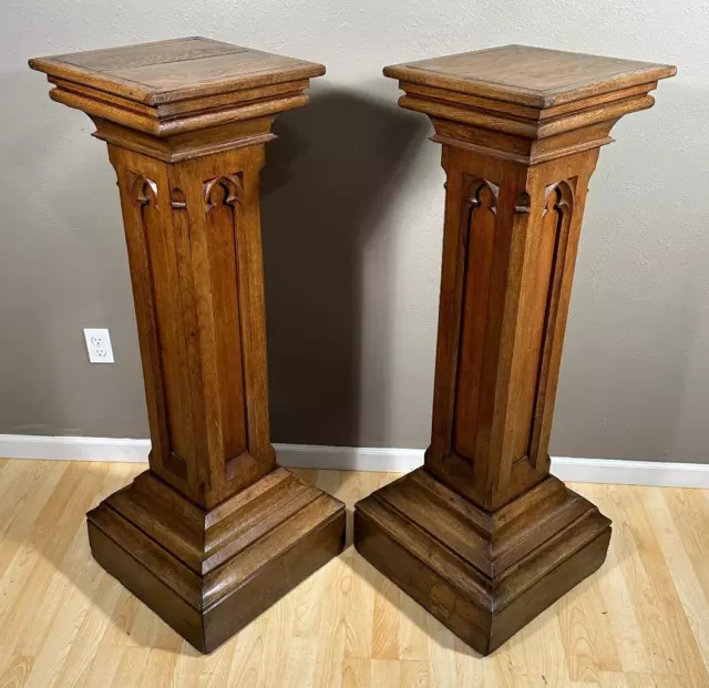 Pair 50" Antique French Gothic Revival Oak Wood Display Pedestals/Plant Stands