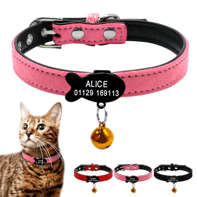 Soft Suede Personalized Dog Cat Collar Leather Padded with Slide On Tag Engraved