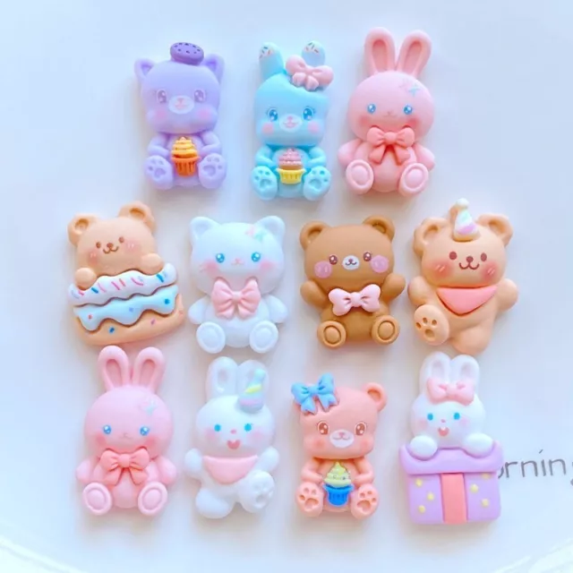 10pc Teddy Bears Bunnies Cartoon Teddies Animal Mix Flatback Embellishment Charm