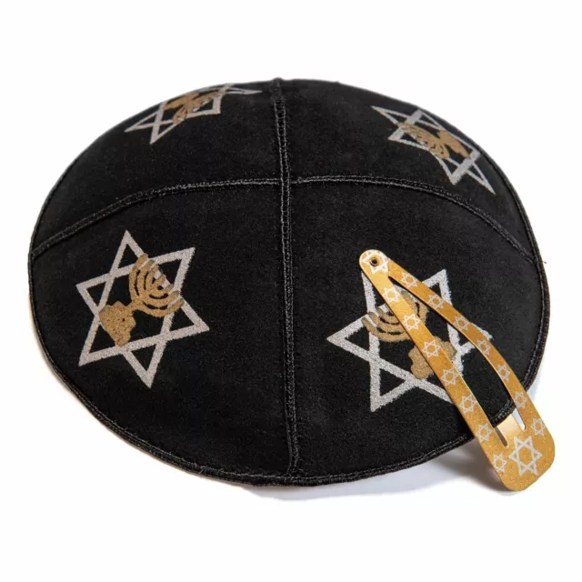 16 CM Juif Cuir Noir Kippa Menorah Etoile de David Design