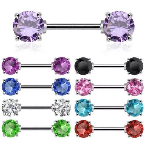 A Pair (2 Pcs) Of Nipple Bar with Double Front Facing Round Cubic Zirconia Gems.