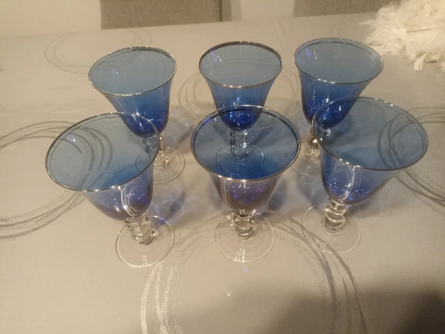 Lot de 4 verres à margarita mexicains soufflés à la main en verre soufflé à la main Bord bleu cobalt 473 ml
