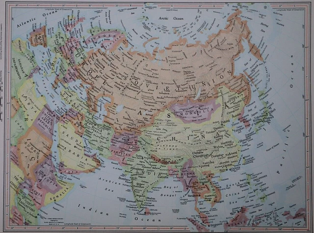 Vintage 1967 Rand McNally Atlas Map ~ ASIA, SOVIET UNION, CHINA, SAUDI ARABIA