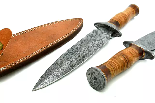 Dagger-Style Damascus Steel Knife Leather-Clad Handle and Matching Sheath 13"