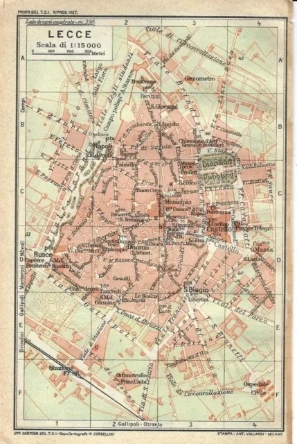 Carta geografica antica LECCE Pianta della città Puglia TCI 1926 Old Antique map