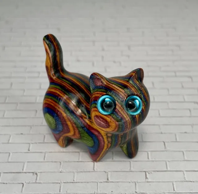 Wooden Cat Figurine Multicolored Wood