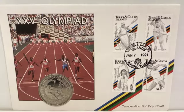 Turks and Caicos Combination First Day Cover with 5 Crown coin  1992 Olympics