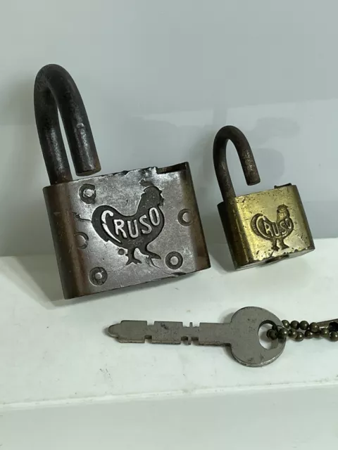 Vintage large Brass Rooster Padlock Cruso Lock With Key Works & Small Cruso lot