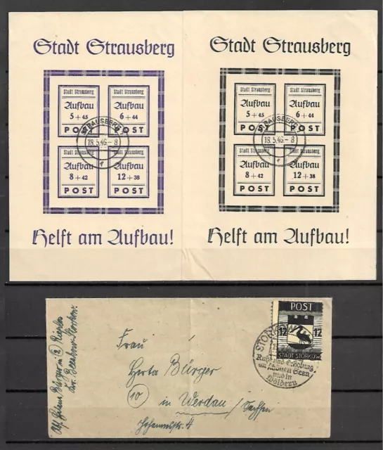 Deutsche Lokalausgaben "Storkow Mi.Nr 14 Brief und Strausberg Block 1+2" gest.