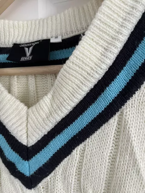 Saltador de manga larga tejido de cricket marfil blanco y azul vintage para hombre Slazenger 3