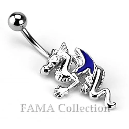 FAMA Blue Wings Dragon Dangle with CZ Navel Belly Ring 316L Surgical Steel