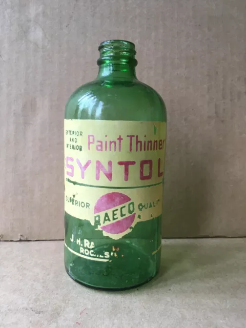 Vintage 1955 RAECO SYNTOL Paint Thinner Green ACL Bottle, Rochester, NY, 6.5"Ht