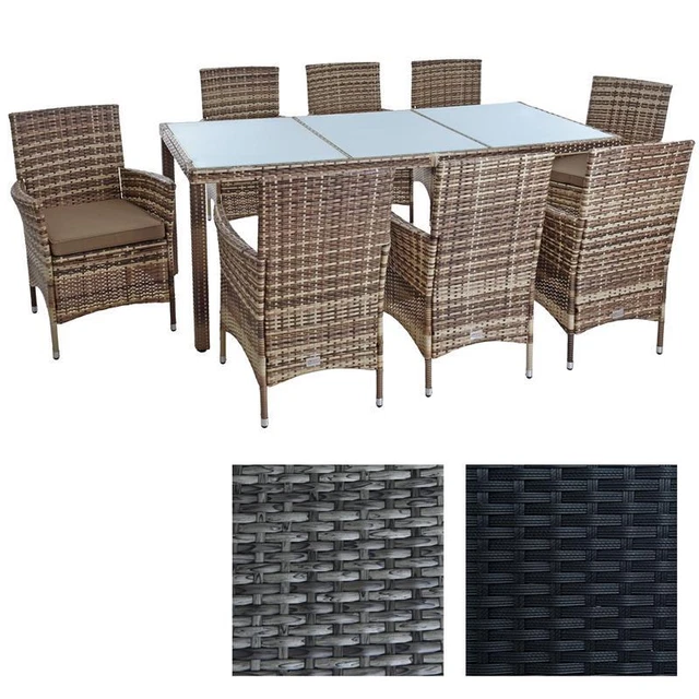 IKAYAA 9-teilige Rattan Gartenmöbel Garnitur - Schwarz/Creme Für 8 Personen