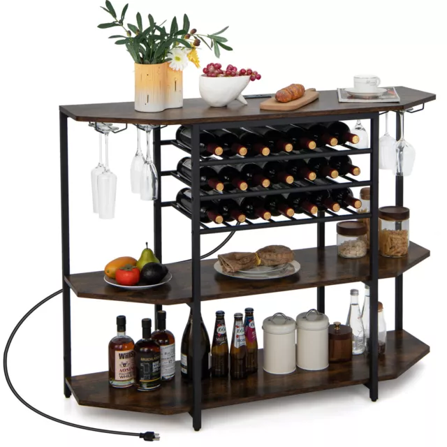 3-Tier Industrial Wine Rack Wine Bar Cabinet with Power Outlets Glass Holders