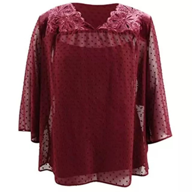 MSRP $60 Style & Co. Women's Mixed-Media Sheer-Sleeve Blouse Red Size XL