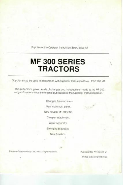 Massey Ferguson MF 300 Tractor Operator Instruction Book Supplement A1 1400F