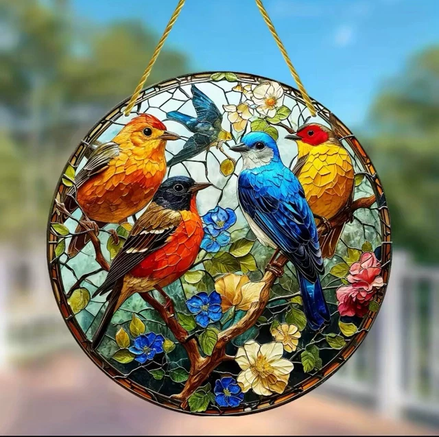 Colorful Birds Acrylic Suncatcher, Stained Glass Window Decor, Rainbow