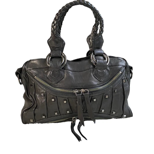 TREESJE Black Leather Pleated Studded Multi-Pockets Top Handle Bag TREESJE Black Leather Pleated Studded Multi-Pockets Top Handle Bag