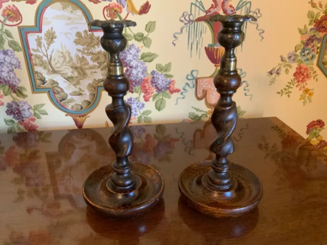 Pair English Victorian Barley Twist Candlesticks w/Decorative Brass Tops C1900