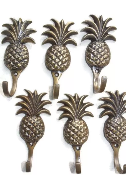 6 small PINEAPPLE solid BRASS HOOK COAT WALL Mount HANG aged brass hook 10 cm B