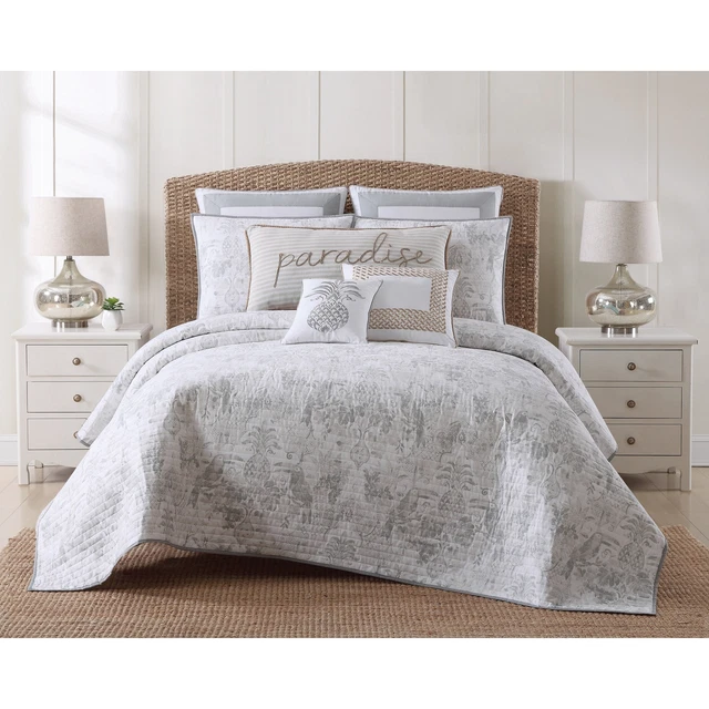 Oceanfront Resort Tropical Plantation Toile Printed Cotton 3 Grey/White King