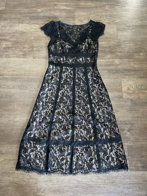 Ann Taylor Loft Women's Size 4 Black Lace Nude Midi Flare Bottom Cocktail Dress