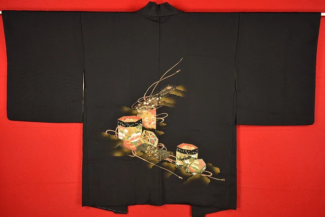 Vintage Japanese Kimono Silk Antique BORO Black HAORI Kusakizome Dyed/A406/505