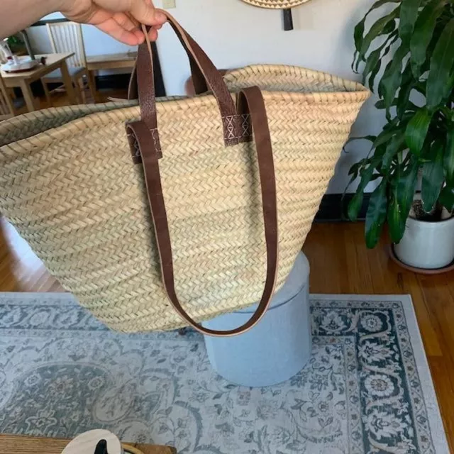 STRAW BAG Handmade with leather, French Market Basket, french market bag, Straw