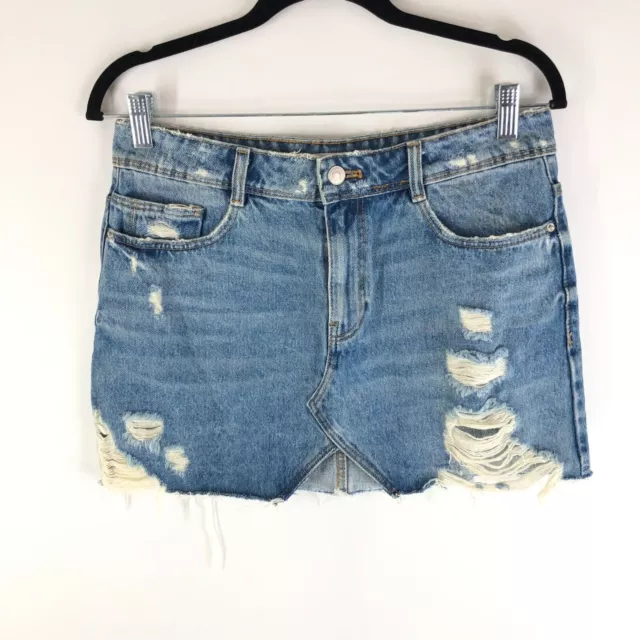 Zara Blue Medium Wash Distressed Raw Hem Cotton Denim Mini Jean Skirt Size M