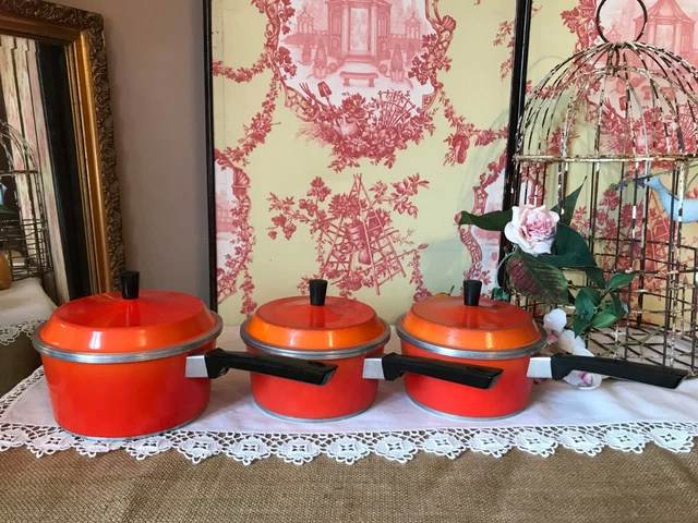 SET OF Vintage Orange Saucepans Picquot Ware Heavy Aluminium