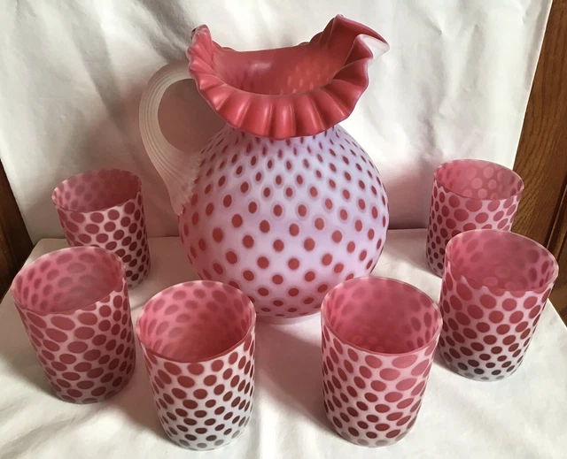 Fenton Art Glass Cranberry Opalescent Satin Honey Comb Pitcher & 6 Tumblers