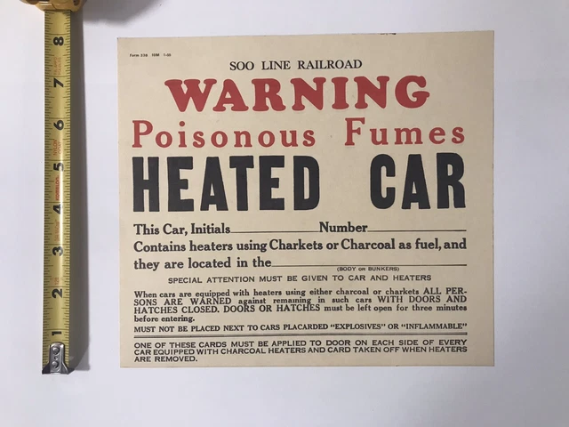 Soo Line Railroad Warning Poisonous Fumes Placard Form 338 Crica 1955 VTG