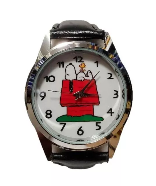 Snoopy On Dog House Cartoon Leather Band Wrist Watch