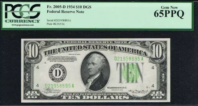 TOP POP NOTE. $10 1934. Cleveland FRN. Fr. 2005-D. PCGS 65 PPQ