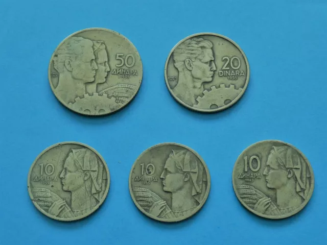 YUGOSLAVIA  5 coins. 1 x 50 Dinara, 1 x 20 Dinara and 3 x 10 Dinara.