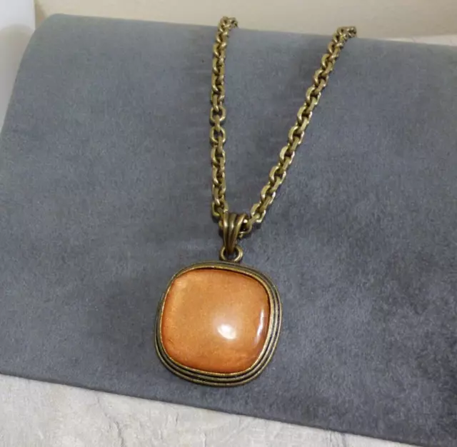 Orange Resin Bezel Pendant Necklace Bronze Tone Rounded Square Jewellery