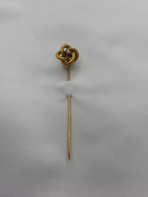 Antique Late Victorian Love Knot 10k Gold Stick Pin with small diamond hat pin