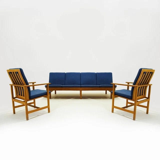 Danish Mid century Børge Mogensen 4 seater Oak bench sofa and two armchairs.