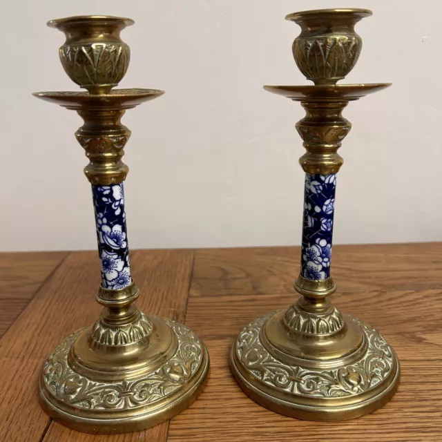 Candlesticks Pair Of Victorian Ceramic And Brass Blue And White Delft Flower