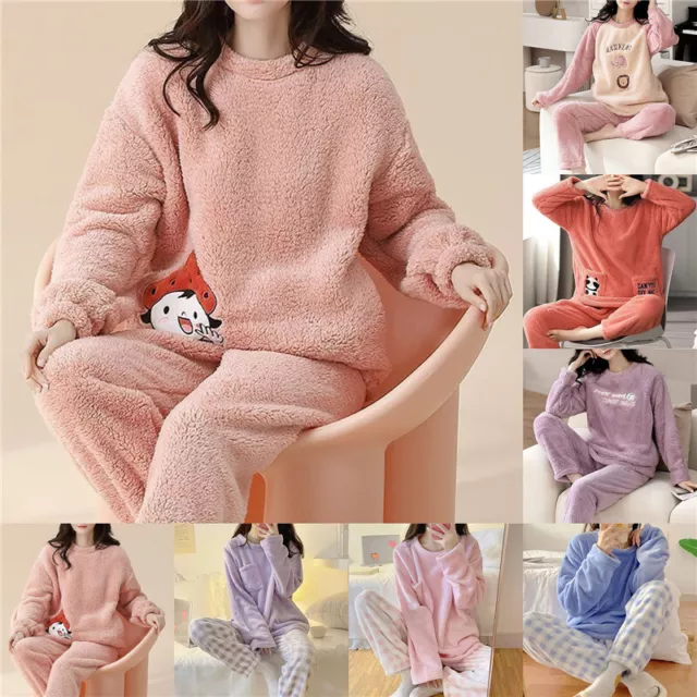 Womens Fleece Pajamas Set Spring Warm Fluffy Sleepwear House Suit Nightwear
